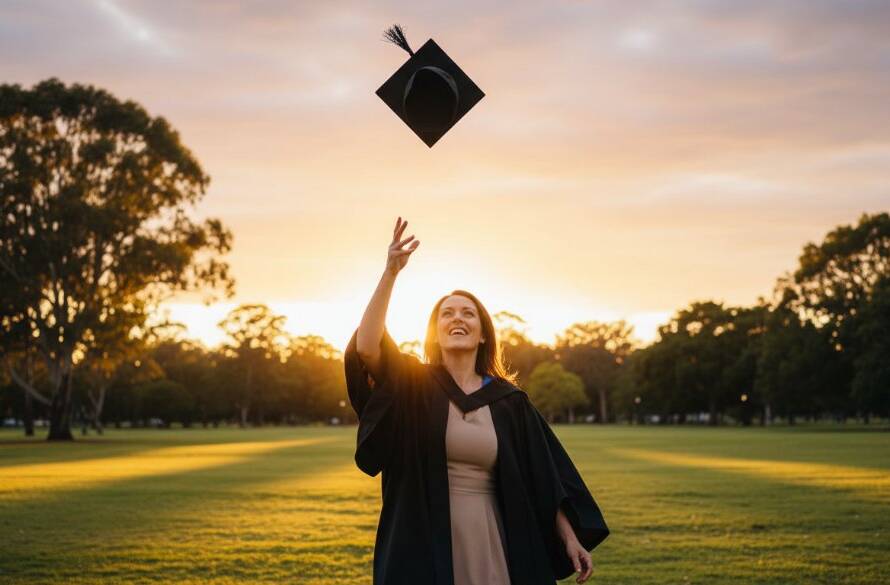 A vibrant, professionally colour-graded image capturing an 'epic moment' of a joyous graduate in their cap and gown, proudly tossing their cap in the air against a scenic backdrop of a beautiful park in Croydon Hills, Victoria, symbolizing a Croydon Hills graduation photoshoot unforgettable memories, with dramatic natural light highlighting their expression of triumph.