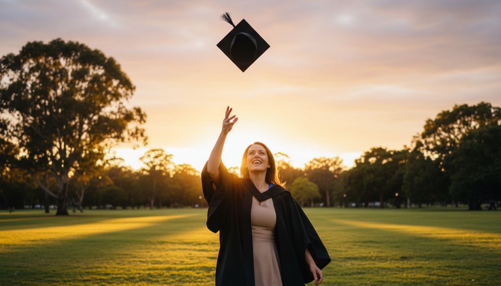 A vibrant, professionally colour-graded image capturing an 'epic moment' of a joyous graduate in their cap and gown, proudly tossing their cap in the air against a scenic backdrop of a beautiful park in Croydon Hills, Victoria, symbolizing a Croydon Hills graduation photoshoot unforgettable memories, with dramatic natural light highlighting their expression of triumph.