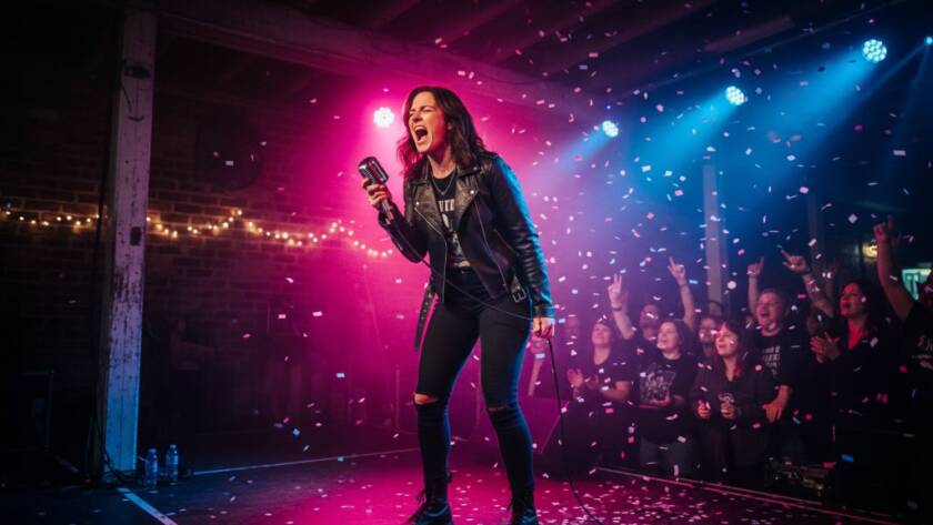 Dynamic shot of a rock band lead singer in Croydon Hills mid-performance, bathed in dramatic stage lights, capturing the essence of Croydon Hills live music photography capturing local talent.