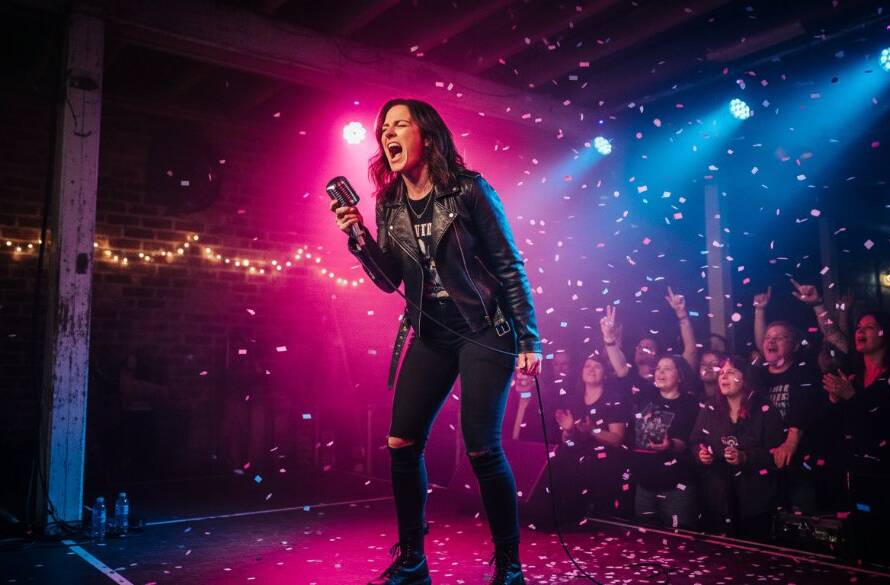 Dynamic shot of a rock band lead singer in Croydon Hills mid-performance, bathed in dramatic stage lights, capturing the essence of Croydon Hills live music photography capturing local talent.