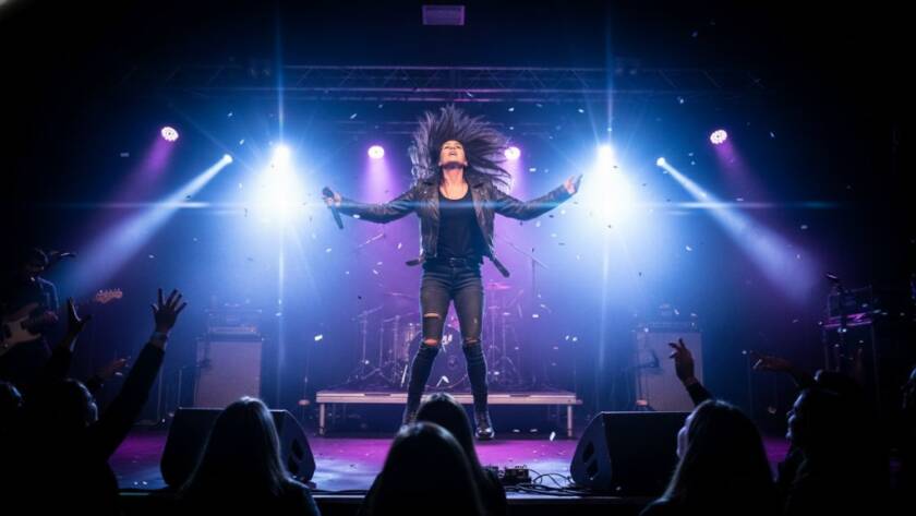 A dynamic shot capturing the peak of a performance, showcasing expert Croydon Hills Live Music Photography Tips, with a lead guitarist mid-riff under dramatic stage lights, audience cheering in the blurred background, set in a local Croydon Hills venue, professional colour grading, cinematic mood.