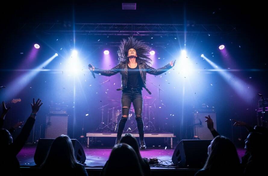 A dynamic shot capturing the peak of a performance, showcasing expert Croydon Hills Live Music Photography Tips, with a lead guitarist mid-riff under dramatic stage lights, audience cheering in the blurred background, set in a local Croydon Hills venue, professional colour grading, cinematic mood.