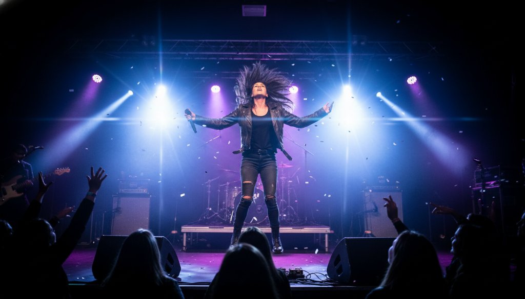 A dynamic shot capturing the peak of a performance, showcasing expert Croydon Hills Live Music Photography Tips, with a lead guitarist mid-riff under dramatic stage lights, audience cheering in the blurred background, set in a local Croydon Hills venue, professional colour grading, cinematic mood.