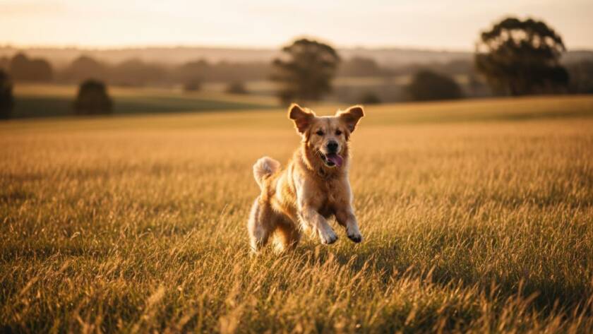 A majestic golden retriever joyfully leaps through tall, sun-drenched grass in a Croydon Hills park, its fur illuminated by golden hour light, perfectly embodying Croydon Hills Pet Photography Capturing Furry Joy.