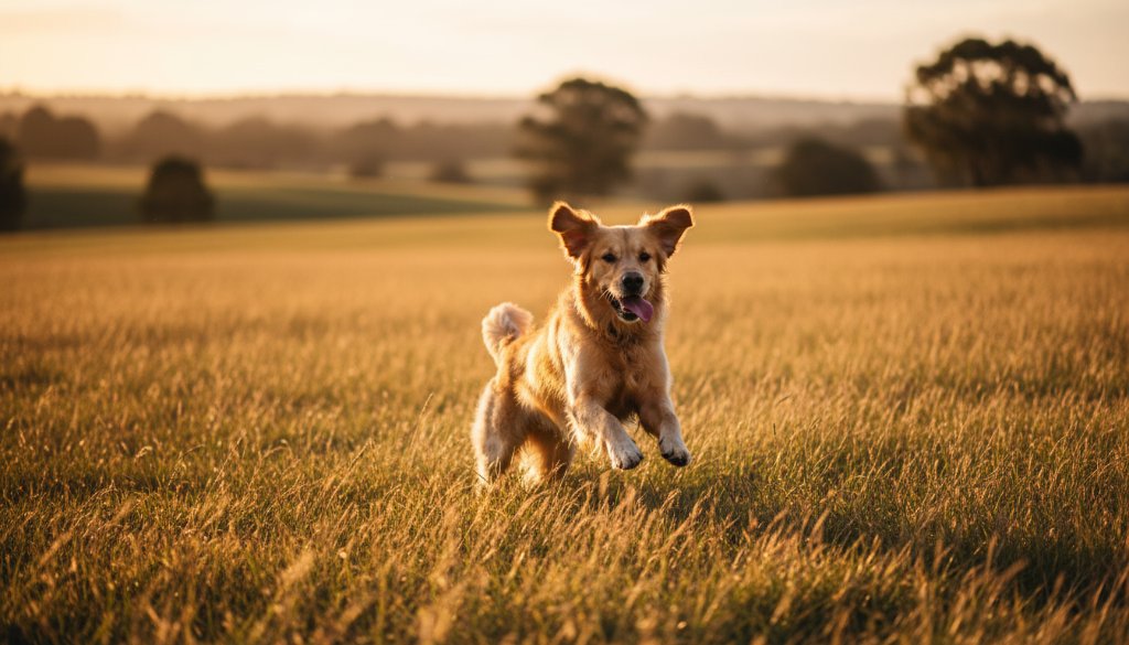 A majestic golden retriever joyfully leaps through tall, sun-drenched grass in a Croydon Hills park, its fur illuminated by golden hour light, perfectly embodying Croydon Hills Pet Photography Capturing Furry Joy.