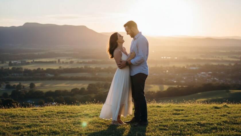 An ecstatic couple shares a tender embrace at sunset amidst the rolling hills of Croydon, Victoria, bathed in golden light, capturing their Croydon Hills pre-wedding photography joy with dramatic flair and professional color grading.