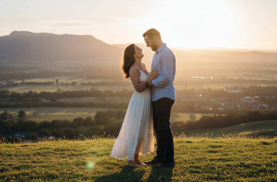 An ecstatic couple shares a tender embrace at sunset amidst the rolling hills of Croydon, Victoria, bathed in golden light, capturing their Croydon Hills pre-wedding photography joy with dramatic flair and professional color grading.