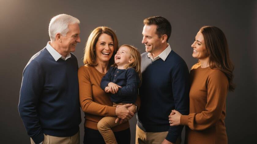 An emotionally powerful studio portrait capturing a family's joyous laughter during a Croydon Hills professional studio photography for family portraits session, with dramatic backlighting and a warm, inviting atmosphere, showcasing genuine connection and love.