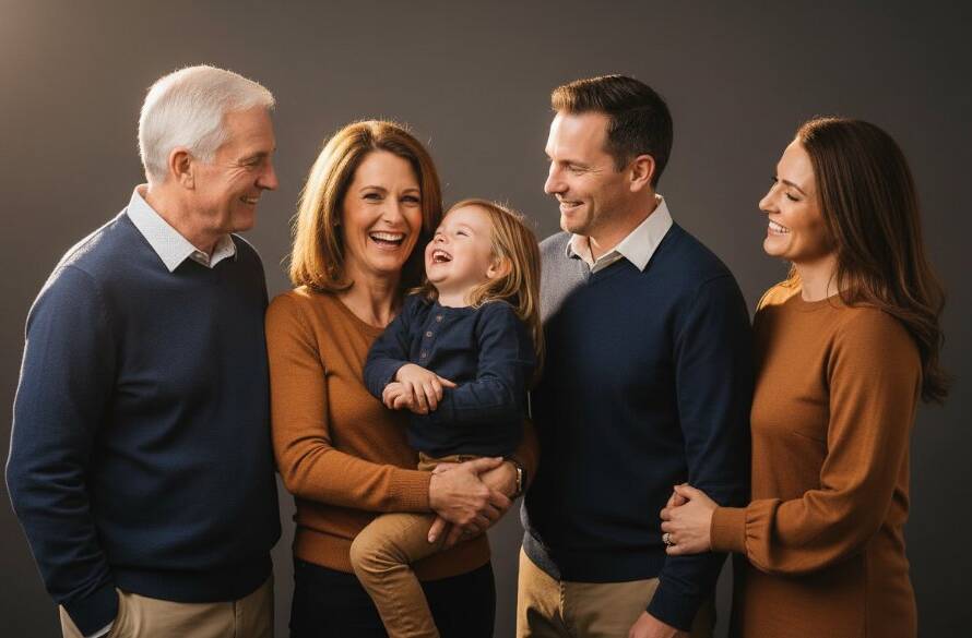 An emotionally powerful studio portrait capturing a family's joyous laughter during a Croydon Hills professional studio photography for family portraits session, with dramatic backlighting and a warm, inviting atmosphere, showcasing genuine connection and love.