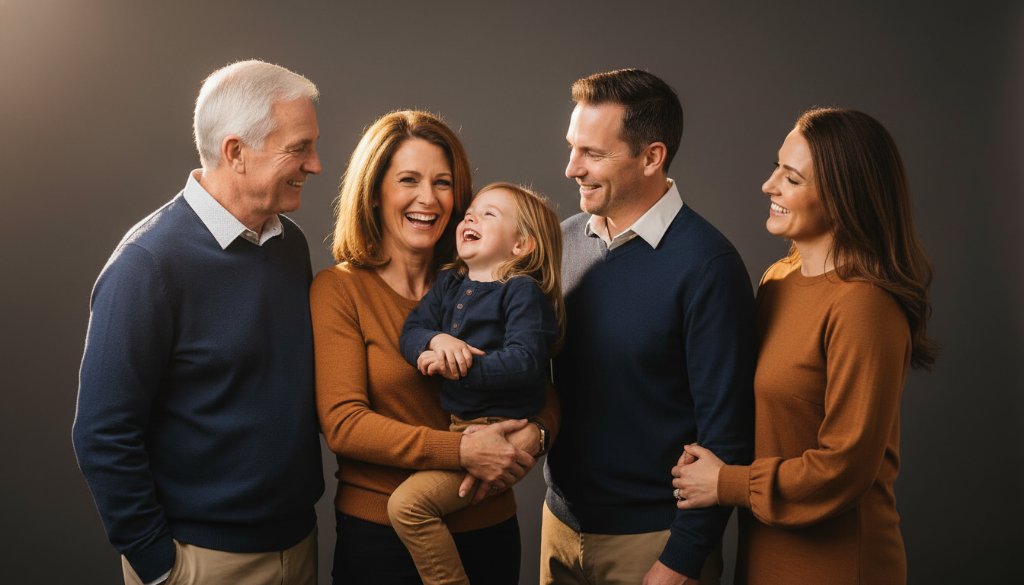 An emotionally powerful studio portrait capturing a family's joyous laughter during a Croydon Hills professional studio photography for family portraits session, with dramatic backlighting and a warm, inviting atmosphere, showcasing genuine connection and love.