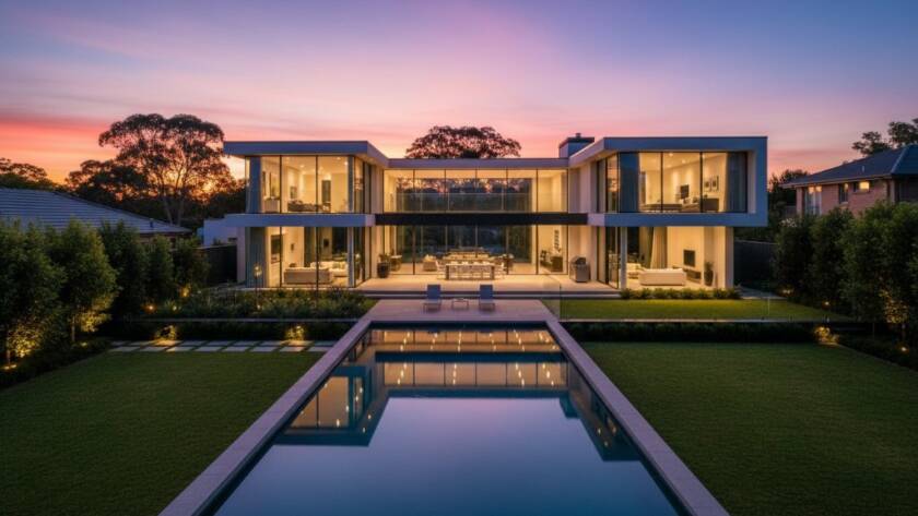 An epic, high-angle twilight photograph showcasing a luxurious modern home in Croydon Hills, Victoria, illuminated with warm interior lights and a perfectly manicured garden, demonstrating expert Croydon Hills real estate photography modern homes for premium listings.