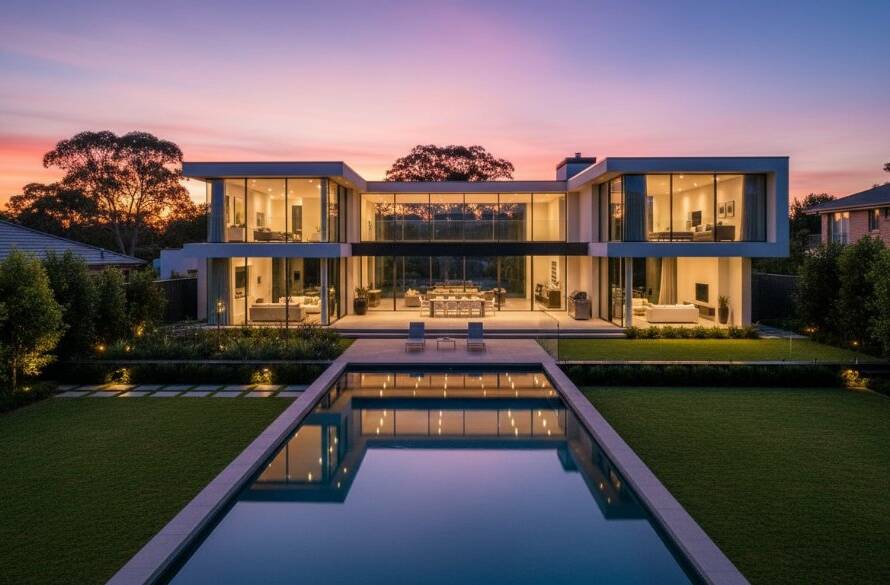 An epic, high-angle twilight photograph showcasing a luxurious modern home in Croydon Hills, Victoria, illuminated with warm interior lights and a perfectly manicured garden, demonstrating expert Croydon Hills real estate photography modern homes for premium listings.