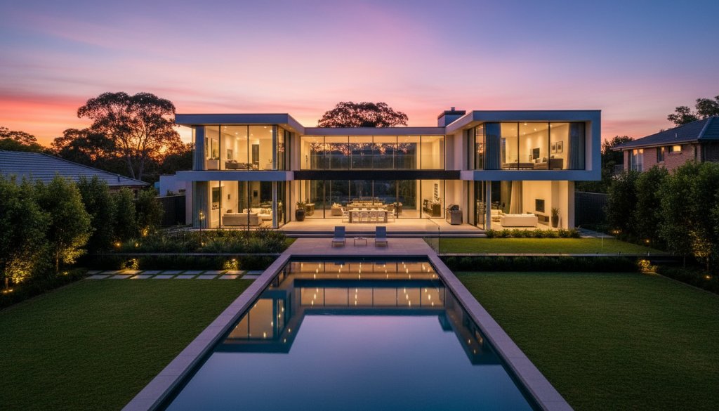 An epic, high-angle twilight photograph showcasing a luxurious modern home in Croydon Hills, Victoria, illuminated with warm interior lights and a perfectly manicured garden, demonstrating expert Croydon Hills real estate photography modern homes for premium listings.