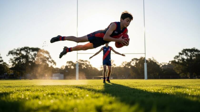 A dynamic, low-angle shot of a young athlete mid-action on a sunny sports field in Croydon Hills, Victoria, during a critical moment, embodying Croydon Hills youth sports photography at its finest, with dramatic lighting highlighting their focus and determination.