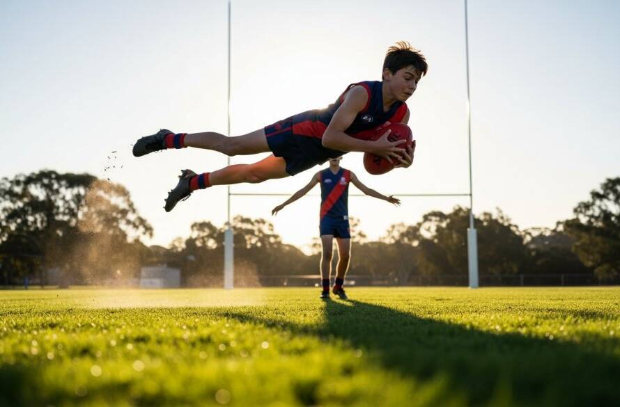 A dynamic, low-angle shot of a young athlete mid-action on a sunny sports field in Croydon Hills, Victoria, during a critical moment, embodying Croydon Hills youth sports photography at its finest, with dramatic lighting highlighting their focus and determination.