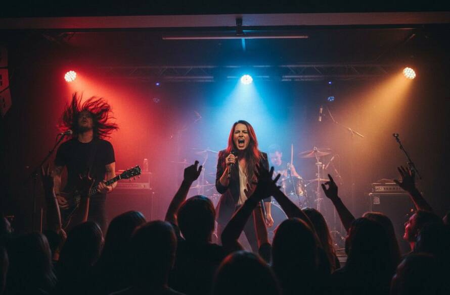 Dramatic wide shot capturing an energetic rock band performing on stage at a local venue in Croydon, Victoria, with a lead guitarist mid-jump and the crowd cheering, showcasing premier Croydon live music photography for unforgettable performances.