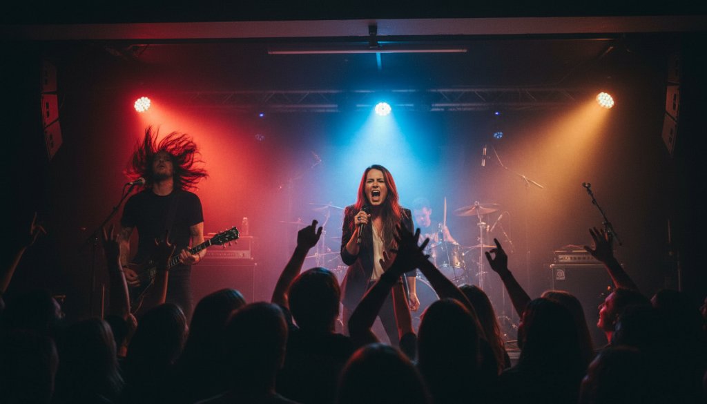 Dramatic wide shot capturing an energetic rock band performing on stage at a local venue in Croydon, Victoria, with a lead guitarist mid-jump and the crowd cheering, showcasing premier Croydon live music photography for unforgettable performances.