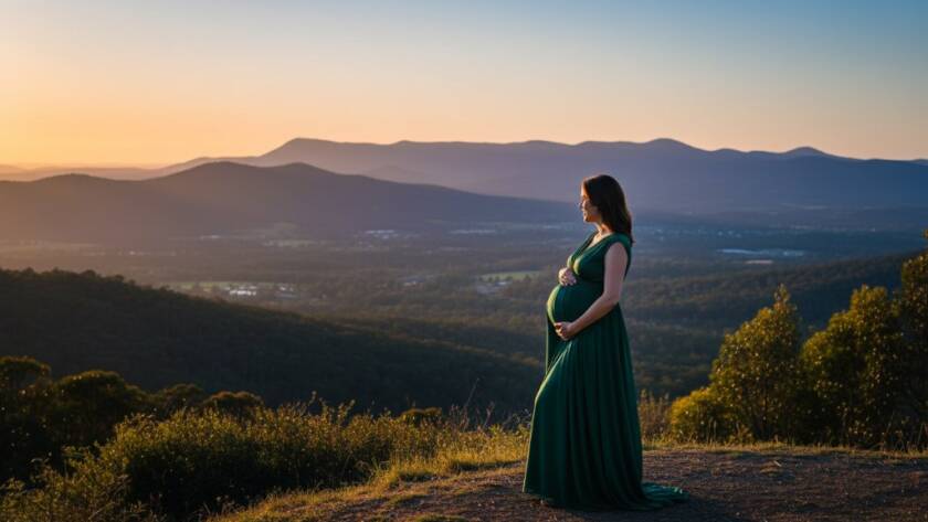 A breathtaking, dramatic photograph of a pregnant woman at sunset in Croydon, Victoria, with the Dandenong Ranges in the background, showcasing Croydon maternity photography breathtaking Dandenong Ranges views. Her silhouette is softly lit, embracing her belly, in a professional, color-graded cinematic style.