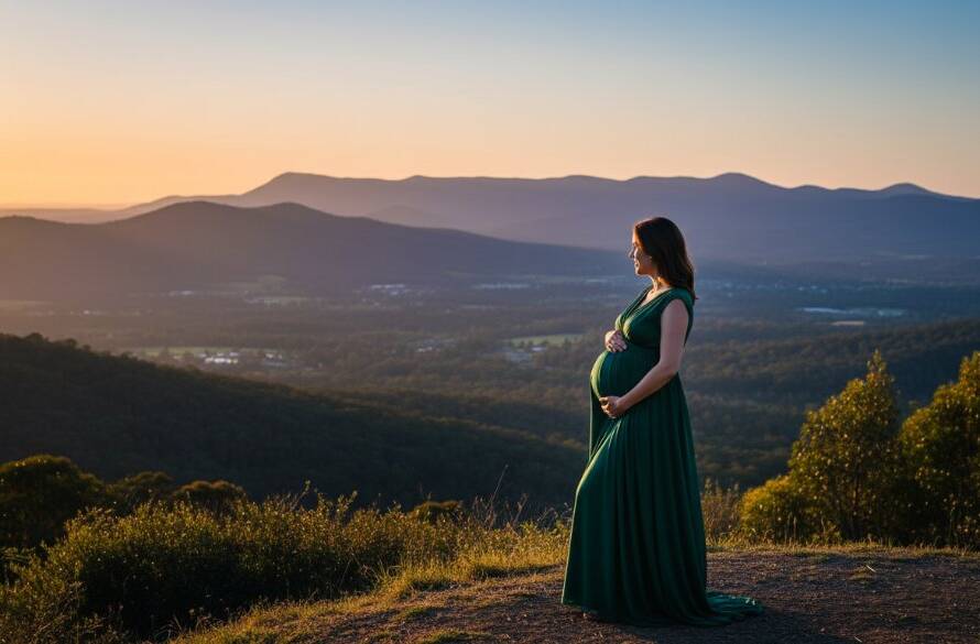 A breathtaking, dramatic photograph of a pregnant woman at sunset in Croydon, Victoria, with the Dandenong Ranges in the background, showcasing Croydon maternity photography breathtaking Dandenong Ranges views. Her silhouette is softly lit, embracing her belly, in a professional, color-graded cinematic style.