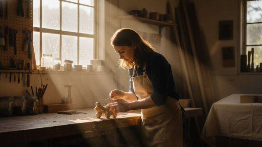 Dramatic, cinematic shot capturing the essence of Croydon North business storytelling photography, showing a local artisan passionately crafting a unique product in their workshop with warm, golden light highlighting their focused expression and the intricate details of their work, conveying dedication and authenticity.