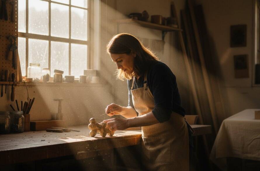 Dramatic, cinematic shot capturing the essence of Croydon North business storytelling photography, showing a local artisan passionately crafting a unique product in their workshop with warm, golden light highlighting their focused expression and the intricate details of their work, conveying dedication and authenticity.