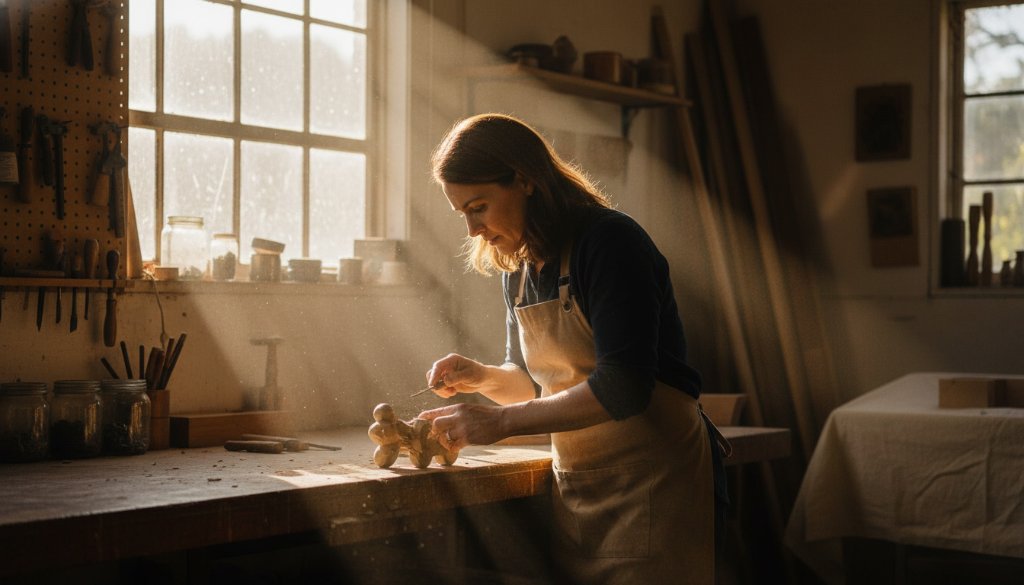 Dramatic, cinematic shot capturing the essence of Croydon North business storytelling photography, showing a local artisan passionately crafting a unique product in their workshop with warm, golden light highlighting their focused expression and the intricate details of their work, conveying dedication and authenticity.