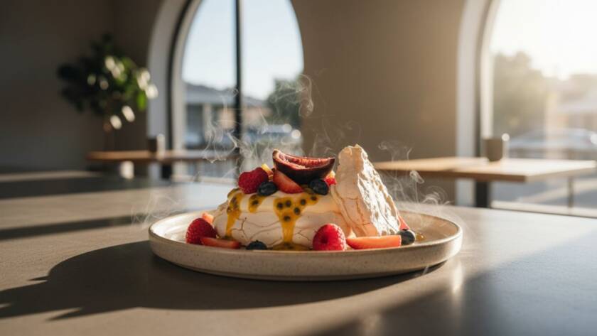 Dramatic, high-angle shot of a perfectly plated gourmet brunch dish, featuring avocado toast with vibrant poached eggs and microgreens, bathed in warm, directional natural light streaming through a cafe window in Croydon North, highlighting the textures and colours. Professional Croydon North cafe food photography capturing an exquisite culinary moment.