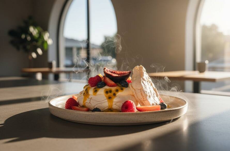 Dramatic, high-angle shot of a perfectly plated gourmet brunch dish, featuring avocado toast with vibrant poached eggs and microgreens, bathed in warm, directional natural light streaming through a cafe window in Croydon North, highlighting the textures and colours. Professional Croydon North cafe food photography capturing an exquisite culinary moment.
