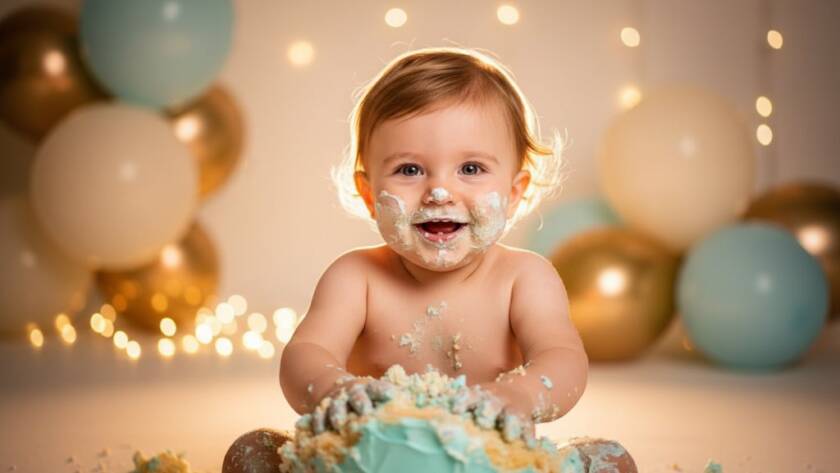 A dramatic, close-up, wide-angle shot of a baby's joyful, messy face covered in cake, surrounded by vibrant colours and soft bokeh, perfectly capturing the 'Croydon North Cake Smash Photographer capturing first birthday joy' moment in a professional studio setting.