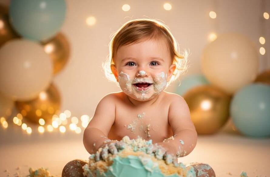 A dramatic, close-up, wide-angle shot of a baby's joyful, messy face covered in cake, surrounded by vibrant colours and soft bokeh, perfectly capturing the 'Croydon North Cake Smash Photographer capturing first birthday joy' moment in a professional studio setting.