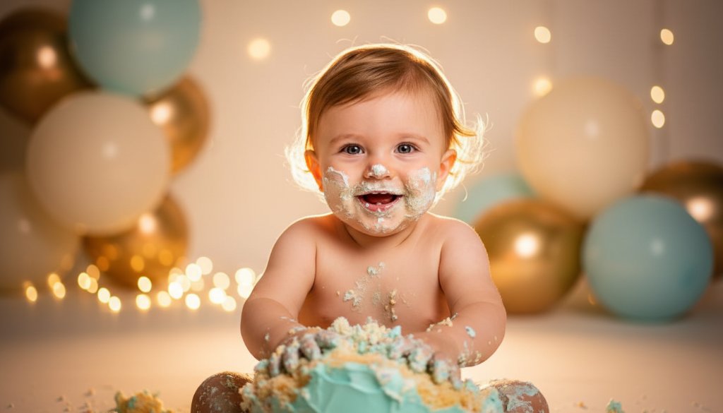 A dramatic, close-up, wide-angle shot of a baby's joyful, messy face covered in cake, surrounded by vibrant colours and soft bokeh, perfectly capturing the 'Croydon North Cake Smash Photographer capturing first birthday joy' moment in a professional studio setting.