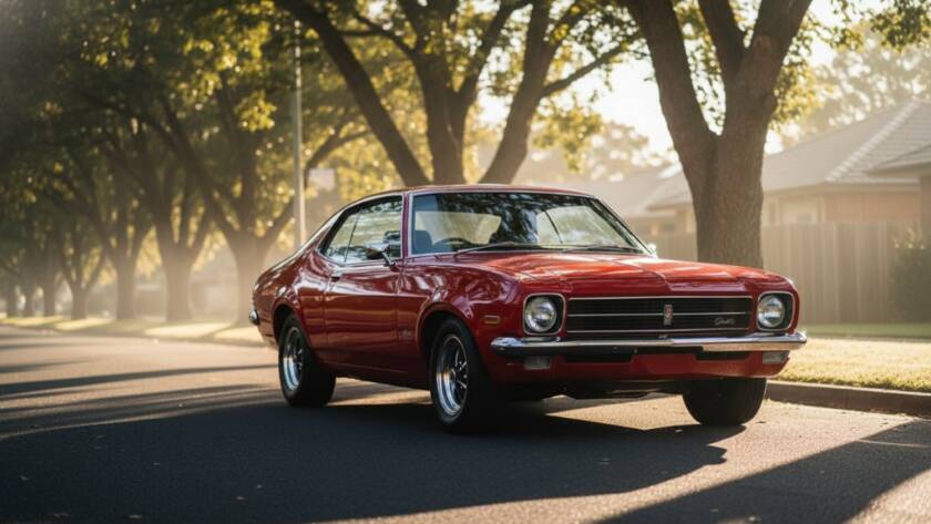 An epic moment of a gleaming, perfectly restored vintage muscle car, possibly a Holden Monaro, parked on a quiet, tree-lined street in Croydon North, Victoria at dawn. The morning light casts dramatic long shadows, highlighting the car's curves and chrome, with a subtle mist rising from the cool asphalt, conveying power and nostalgic elegance.
