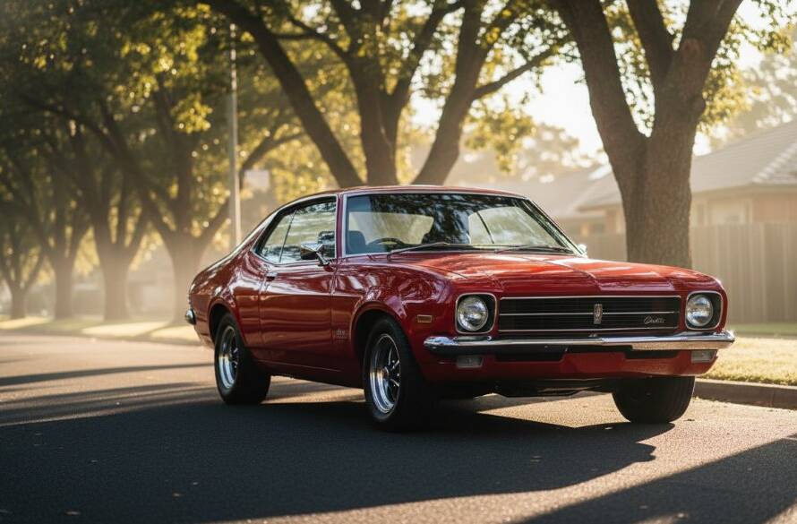 An epic moment of a gleaming, perfectly restored vintage muscle car, possibly a Holden Monaro, parked on a quiet, tree-lined street in Croydon North, Victoria at dawn. The morning light casts dramatic long shadows, highlighting the car's curves and chrome, with a subtle mist rising from the cool asphalt, conveying power and nostalgic elegance.