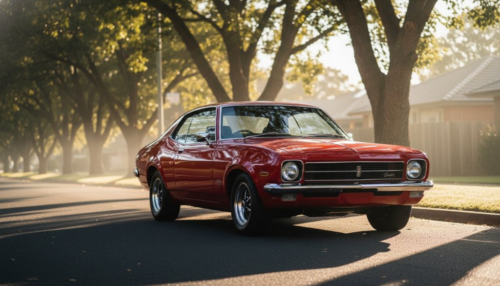 An epic moment of a gleaming, perfectly restored vintage muscle car, possibly a Holden Monaro, parked on a quiet, tree-lined street in Croydon North, Victoria at dawn. The morning light casts dramatic long shadows, highlighting the car's curves and chrome, with a subtle mist rising from the cool asphalt, conveying power and nostalgic elegance.