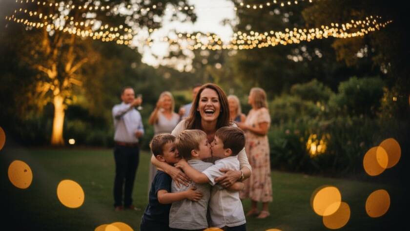 A candid, emotionally resonant wide shot of guests laughing and raising glasses at an outdoor evening event in Croydon North, expertly captured by a professional using Croydon North event photography timeless moments techniques, with soft golden hour lighting creating a beautiful ambiance.
