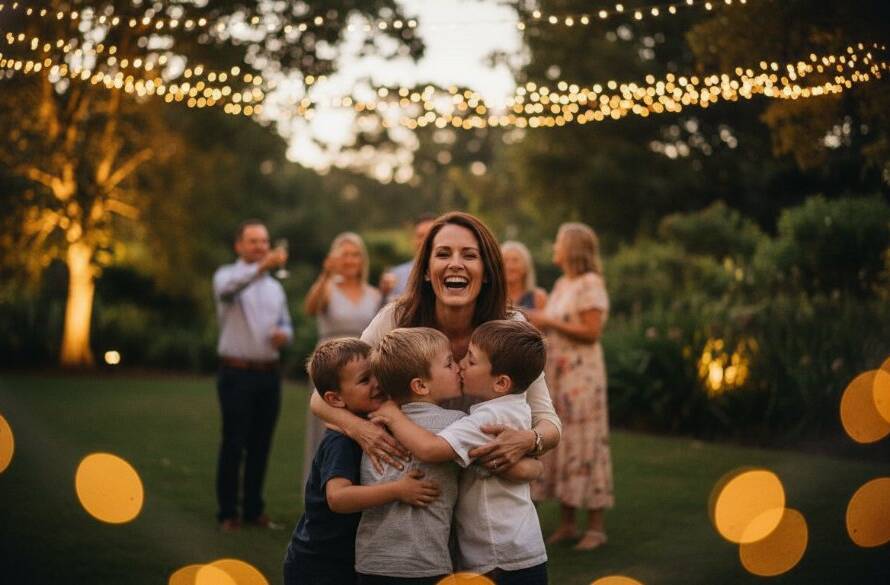 A candid, emotionally resonant wide shot of guests laughing and raising glasses at an outdoor evening event in Croydon North, expertly captured by a professional using Croydon North event photography timeless moments techniques, with soft golden hour lighting creating a beautiful ambiance.