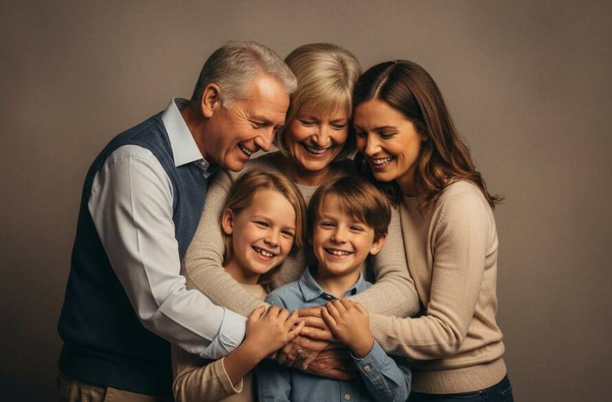 A heartwarming, epic moment captured in Croydon North family studio portraits Victoria, showing a multi-generational family laughing joyfully together against a soft, professionally lit backdrop, with a golden-hour studio effect, emphasizing love and connection.