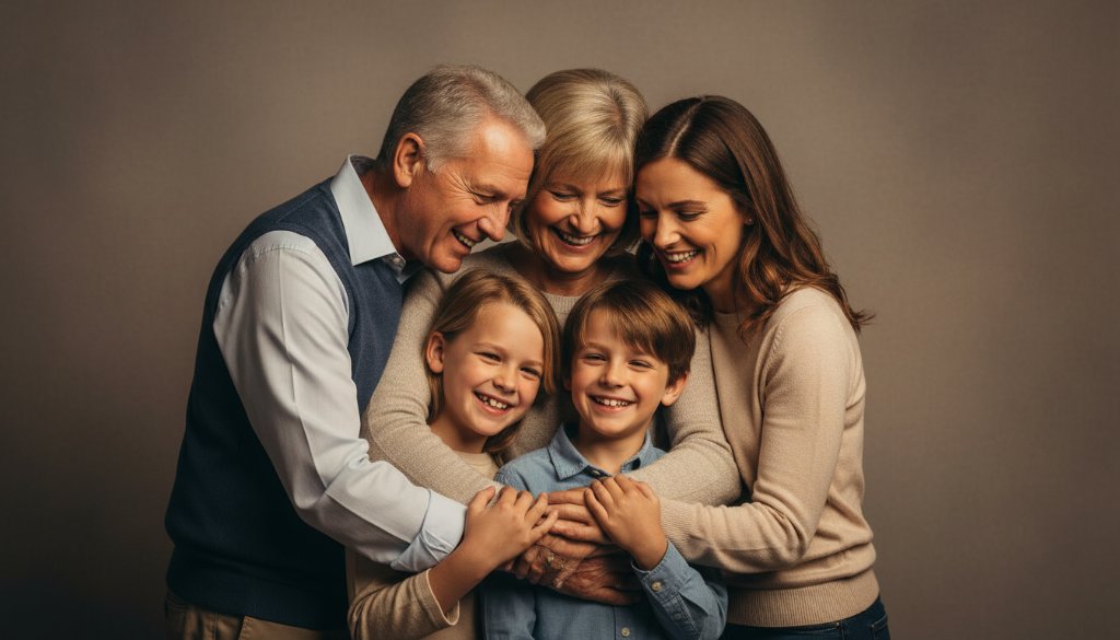A heartwarming, epic moment captured in Croydon North family studio portraits Victoria, showing a multi-generational family laughing joyfully together against a soft, professionally lit backdrop, with a golden-hour studio effect, emphasizing love and connection.