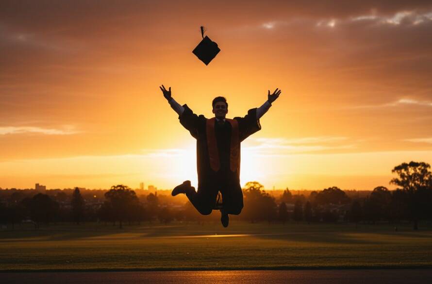 A jubilant graduate in Croydon North celebrating their achievement, tossing their cap against a vibrant sunset sky, exemplifying Croydon North Grad Photos Authentic Moments photography style.