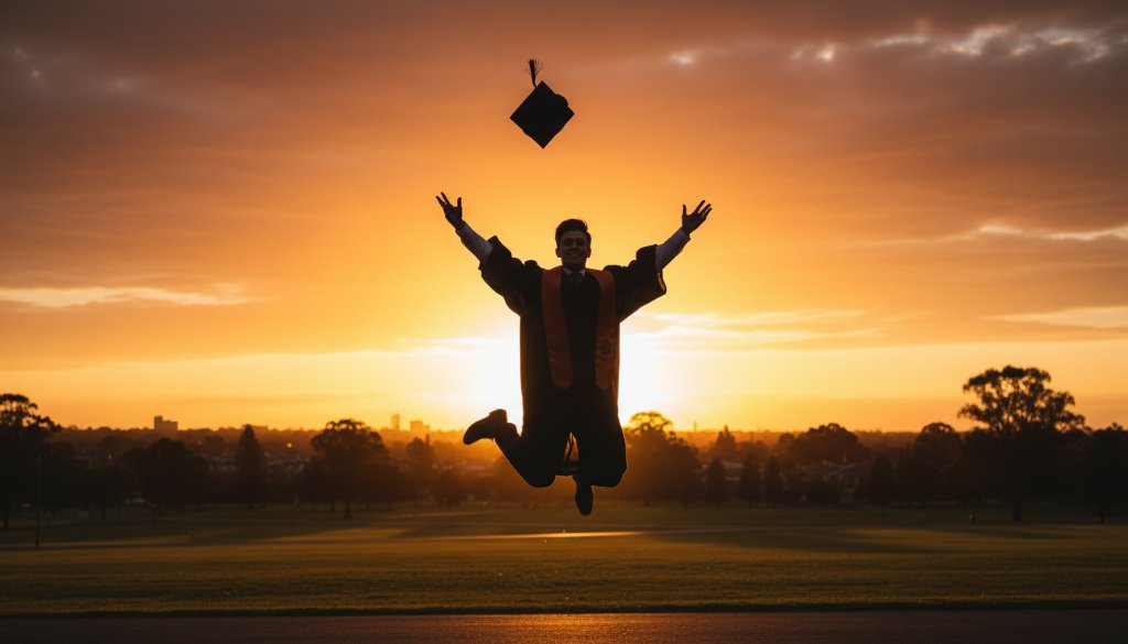 A jubilant graduate in Croydon North celebrating their achievement, tossing their cap against a vibrant sunset sky, exemplifying Croydon North Grad Photos Authentic Moments photography style.