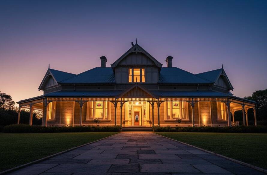 Dramatic wide-angle shot capturing the intricate facade of a grand heritage building in Croydon North, Victoria, bathed in the golden light of a setting sun. The Croydon North heritage architecture photography reveals ornate details, shadowed arches, and vibrant red brickwork, evoking a sense of timeless elegance and historical grandeur.