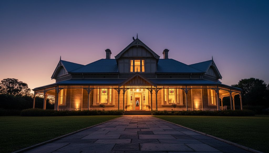 Dramatic wide-angle shot capturing the intricate facade of a grand heritage building in Croydon North, Victoria, bathed in the golden light of a setting sun. The Croydon North heritage architecture photography reveals ornate details, shadowed arches, and vibrant red brickwork, evoking a sense of timeless elegance and historical grandeur.