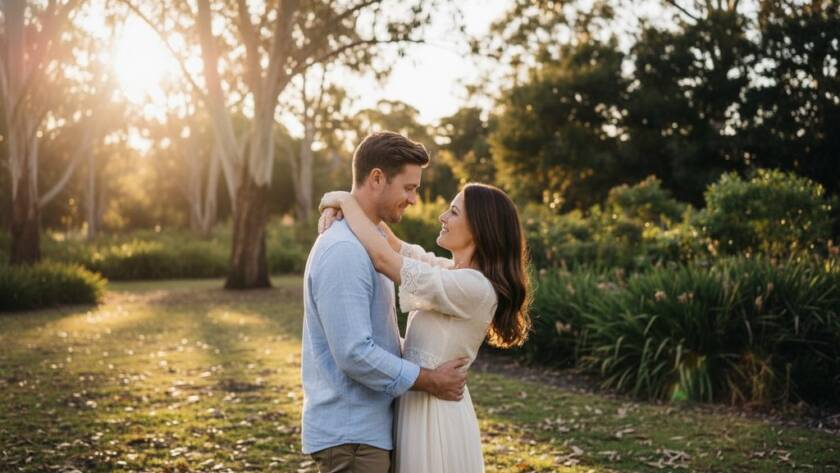 An emotionally charged, wide-angle cinematic photograph of a couple embracing intimately amidst the golden hour glow of a lush, tree-lined park in Croydon North, Victoria, with gentle light filtering through the canopies, capturing a private, joyous 'epic moment' of their Croydon North intimate engagement photos Victoria.