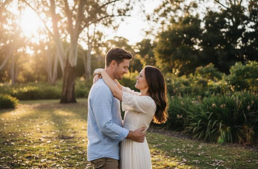 An emotionally charged, wide-angle cinematic photograph of a couple embracing intimately amidst the golden hour glow of a lush, tree-lined park in Croydon North, Victoria, with gentle light filtering through the canopies, capturing a private, joyous 'epic moment' of their Croydon North intimate engagement photos Victoria.