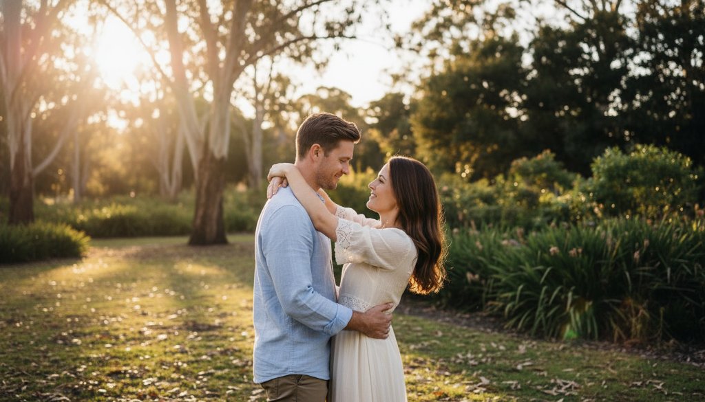 An emotionally charged, wide-angle cinematic photograph of a couple embracing intimately amidst the golden hour glow of a lush, tree-lined park in Croydon North, Victoria, with gentle light filtering through the canopies, capturing a private, joyous 'epic moment' of their Croydon North intimate engagement photos Victoria.