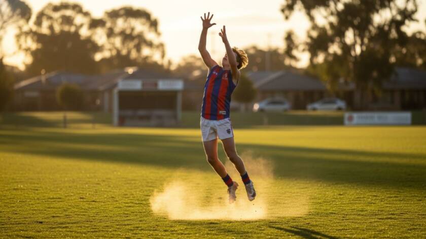 A dynamic, low-angle shot of a young athlete mid-action during a football match at a local Croydon North oval, capturing an epic moment with dramatic lighting, perfect for Croydon North junior sports photography Victoria.