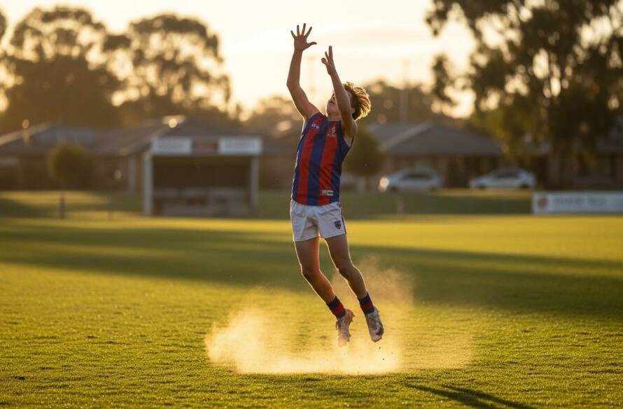 A dynamic, low-angle shot of a young athlete mid-action during a football match at a local Croydon North oval, capturing an epic moment with dramatic lighting, perfect for Croydon North junior sports photography Victoria.