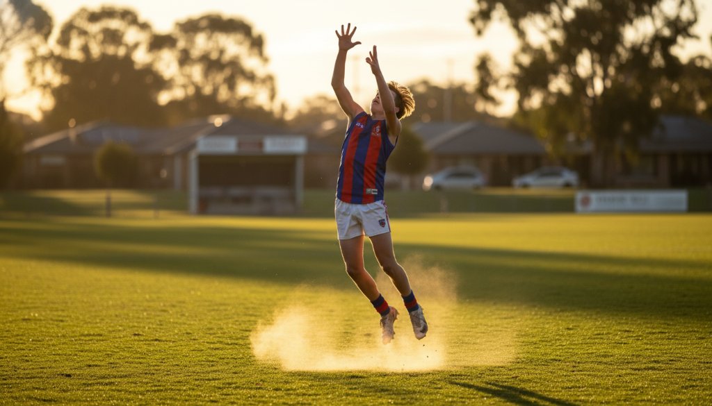 A dynamic, low-angle shot of a young athlete mid-action during a football match at a local Croydon North oval, capturing an epic moment with dramatic lighting, perfect for Croydon North junior sports photography Victoria.