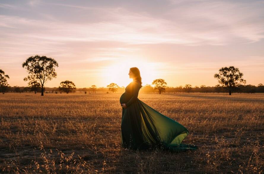An expectant mother in a flowing gown, silhouetted against a dramatic golden sunset at Candlebark Walk, Croydon North, during her Croydon North maternity photography scenic outdoor session, showcasing an epic moment of serene beauty.