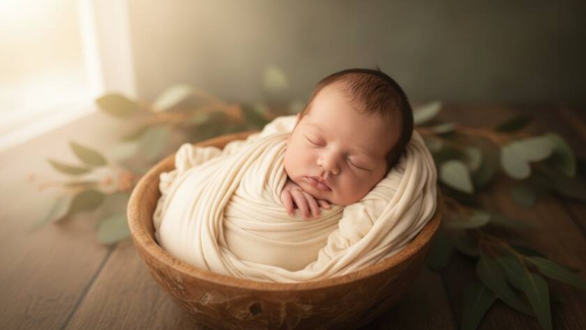 A heartwarming, epic moment photograph of a newborn baby gently swaddled in soft, earthy tones, nestled in a delicate wicker basket amidst a sun-dappled, natural outdoor setting in Croydon North, Victoria. The scene evokes peaceful serenity with a dramatic, soft-focus background of native Australian flora, capturing Croydon North newborn photography precious moments with professional lighting and warm, cinematic colour grading.